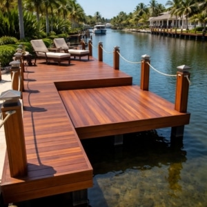 Residential dock built with Brazilian IPE hardwood decking over calm waterfront