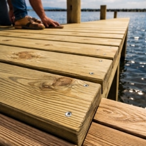 Pressure-treated wood boards used in dock construction designed to resist rot and marine exposure.
