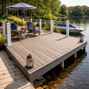 Residential dock featuring durable composite dock decking overlooking calm water