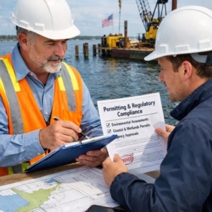 Marine engineers reviewing permit documents at waterfront site