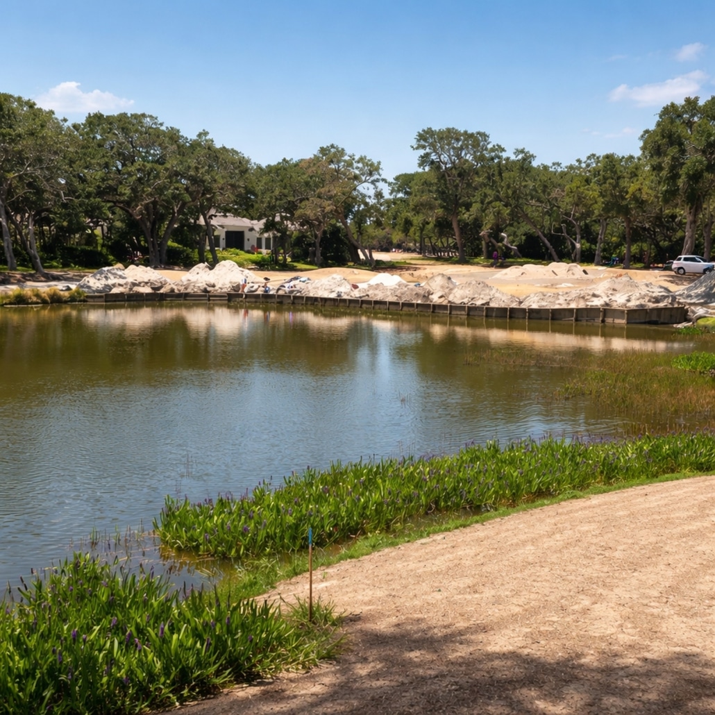 Shoreline restoration and erosion control project along a lake shoreline.
