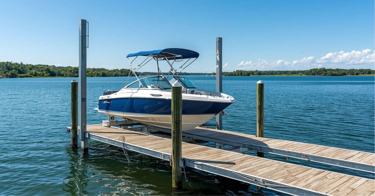 A blue and white motorboat elevated on a heavy-duty piling mount boat lift next to a wooden pier under a clear blue sky.