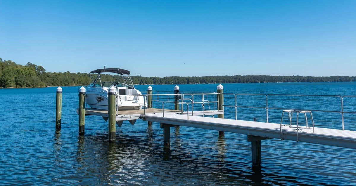 A white speed boat with a black bimini top resting on a low-profile boat lift integrated into a modern white aluminum dock system on a calm lake.
