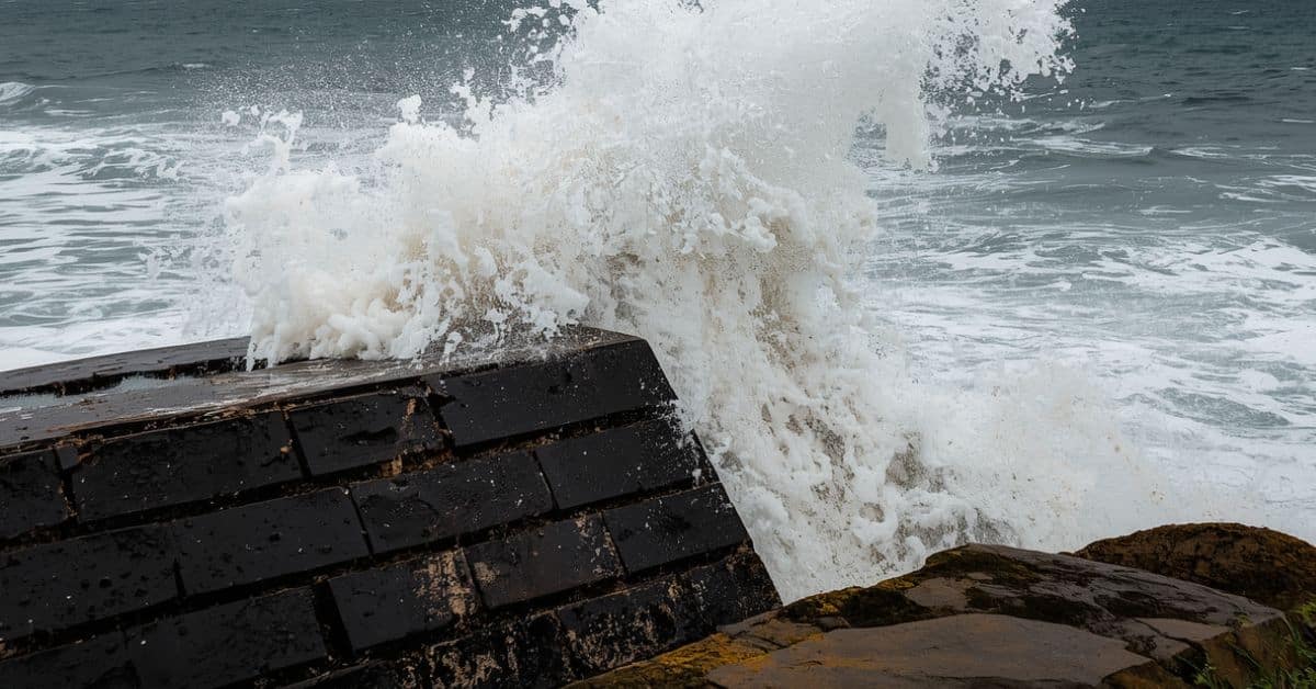 A close-up view of a dark, stepped masonry sea wall being struck by a large white wave, showing how the staggered blocks help dissipate wave energy.