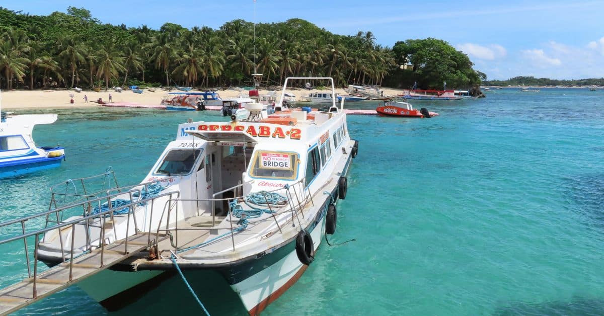 A passenger ferry docked at a tropical marina with a wooden gangway leading to a white sandy beach lined with palm trees.